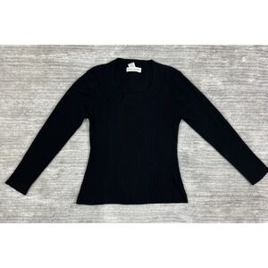 Bamboo Traders Sweater Women Large Black Scoop Neck Ribbed Knit Long Sleeve Slim